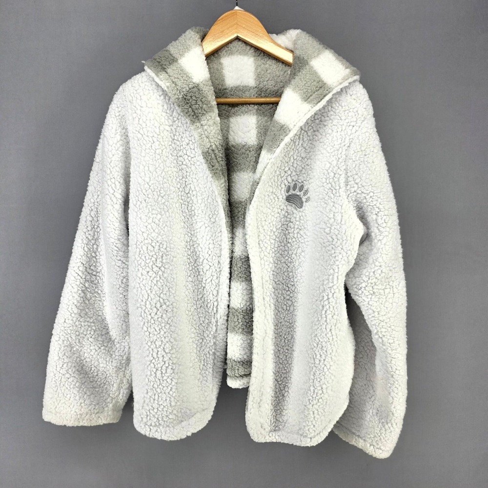 Coca-Cola Sherpa Fleece Hoodie Women Medium White Gray Plaid Logo Open Front